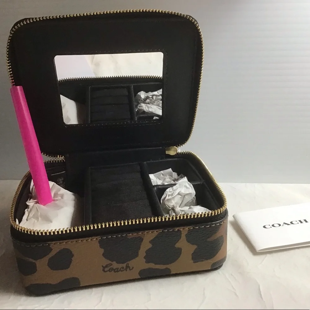 Coach Leopard Print Travel Jewelry Case in Brown and Black with Mirror